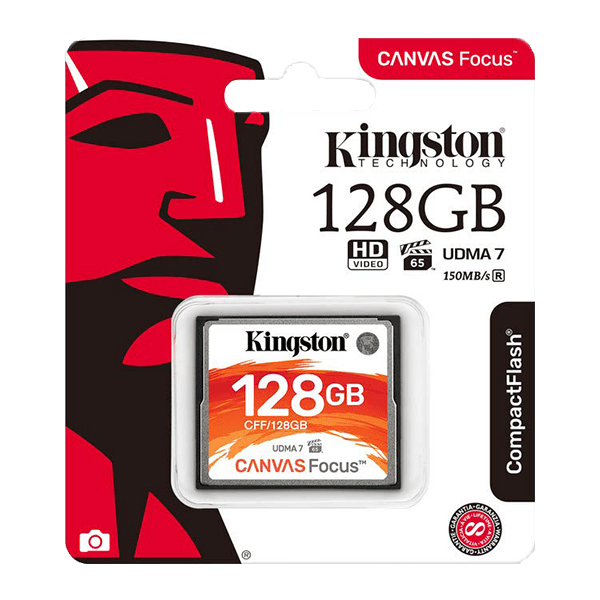 Kingston 128GB Canvas Focus Compact Flash, Read-Write 150-130 MBSec, Lifetime Warranty CFF-128GB Package Front Side Kingston 128GB Canvas Focus Compact Flash, Read-Write 150-130 MBSec, Lifetime Warranty CFF-128GB Package Front Side