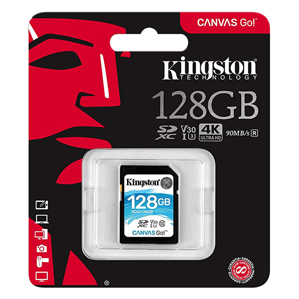 Kingston 128GB Canvas Go! SD Card, Read-Write 90-45 MB-Sec, Lifetime Warranty SDG-128GB Package Front Kingston 128GB Canvas Go! SD Card, Read-Write 90-45 MB-Sec, Lifetime Warranty SDG-128GB Package Front