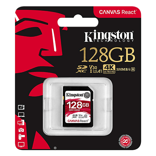 Kingston 128GB SDXC Canvas React, Read-Write 100-80 MB-Sec, Lifetime Warranty SDR-128GB Package Front Side Kingston 128GB SDXC Canvas React, Read-Write 100-80 MB-Sec, Lifetime Warranty SDR-128GB Package Front Side