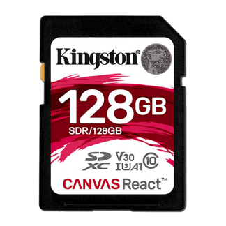 Kingston 128GB SDXC Canvas React, Read-Write 100-80 MB-Sec, Lifetime Warranty SDR-128GB Top
