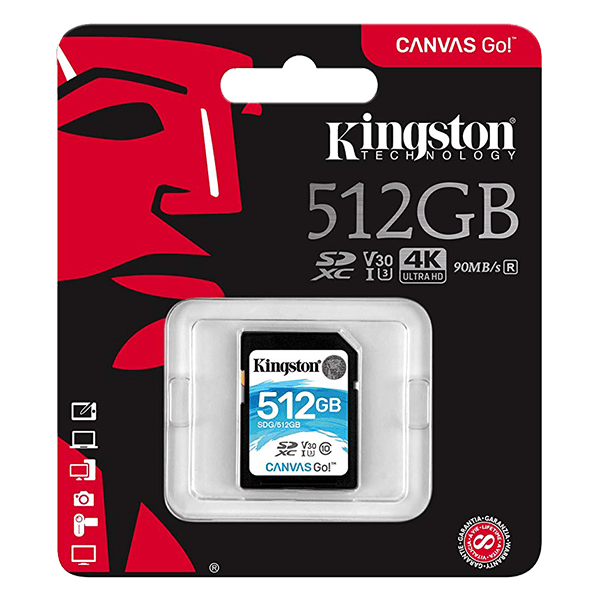 Kingston 512GB Canvas Go! SD Card, Read-Write 90-45 MB-Sec, Lifetime Warranty SDG-512GB Package Front Kingston 512GB Canvas Go! SD Card, Read-Write 90-45 MB-Sec, Lifetime Warranty SDG-512GB Package Front
