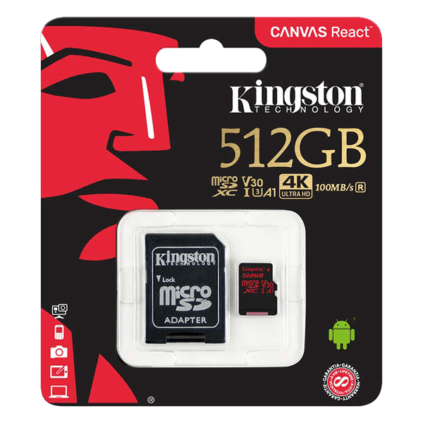 Kingston 512GB Canvas React microSD, Read-Write 100-80 MB-Sec, Lifetime Warranty SDCR-512GB Package Front Kingston 512GB Canvas React microSD, Read-Write 100-80 MB-Sec, Lifetime Warranty SDCR-512GB Package Front