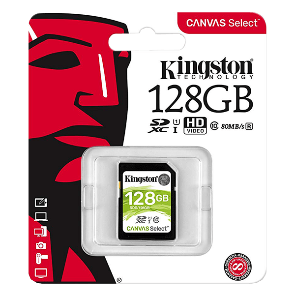 Kingston 128GB Canvas Select SD Card, Read-Write 80-10 MB-Sec, Lifetime Warranty SDS-128GB Package Front Kingston 128GB Canvas Select SD Card, Read-Write 80-10 MB-Sec, Lifetime Warranty SDS-128GB Package Front