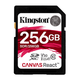 Kingston 256GB Canvas React SD Card, Read-Write 100-80 MB-Sec, Lifetime Warranty SDR-256GB Front