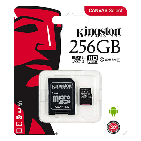 Kingston 256GB Canvas Select microSD, Read-Write 80-10 MB-Sec, Lifetime Warranty SDCS-256GB Package Front Kingston 256GB Canvas Select microSD, Read-Write 80-10 MB-Sec, Lifetime Warranty SDCS-256GB Package Front