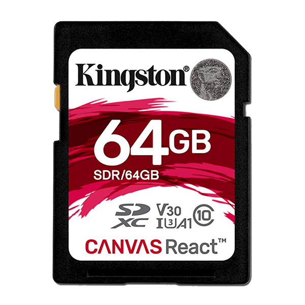 Kingston 64GB Canvas React SD Card, Read-Write 100-80 MB-Sec, Lifetime Warranty SDR-64GB Front Kingston 64GB Canvas React SD Card, Read-Write 100-80 MB-Sec, Lifetime Warranty SDR-64GB Front
