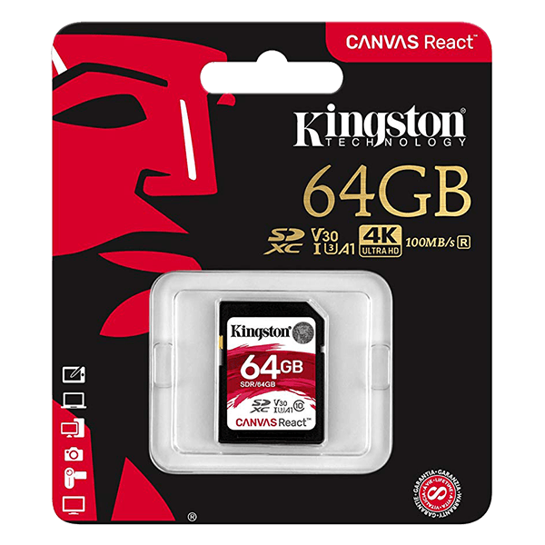 Kingston 64GB Canvas React SD Card, Read-Write 100-80 MB-Sec, Lifetime Warranty SDR-64GB Package Front Kingston 64GB Canvas React SD Card, Read-Write 100-80 MB-Sec, Lifetime Warranty SDR-64GB Package Front