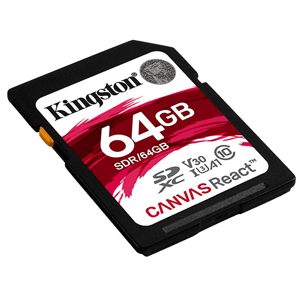 Kingston 64GB Canvas React SD Card, Read-Write 100-80 MB-Sec, Lifetime Warranty SDR-64GB Side Kingston 64GB Canvas React SD Card, Read-Write 100-80 MB-Sec, Lifetime Warranty SDR-64GB Side