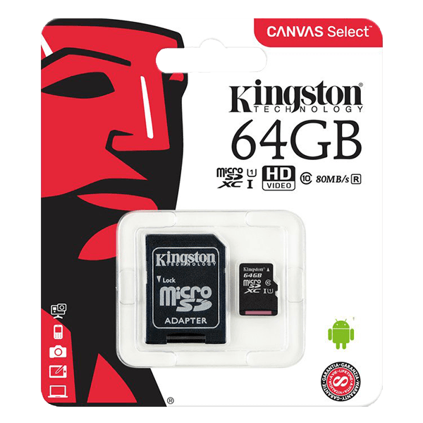 Kingston 64GB Canvas Select microSD, Read-Write 80-10 MB-Sec, Lifetime Warranty SDCS-64GB Package Front Kingston 64GB Canvas Select microSD, Read-Write 80-10 MB-Sec, Lifetime Warranty SDCS-64GB Package Front