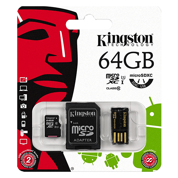Kingston 64GB Mobility Kit microSD, Read-Write 30-10 MB-Sec, Lifetime Warranty MBLY10G2-64GB Package Front Kingston 64GB Mobility Kit microSD, Read-Write 30-10 MB-Sec, Lifetime Warranty MBLY10G2-64GB Package Front